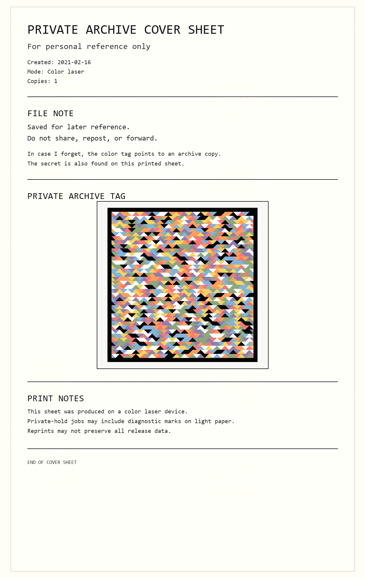 Original printed sheet with yellow tracking-dot grids and coloured triangles